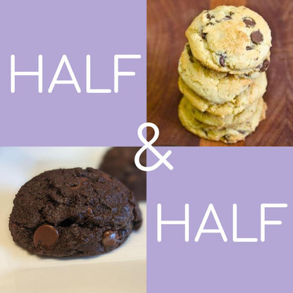 A promotional image featuring two stacks of cookies, one with chocolate chips and another with a dark chocolate base, with the text 'HALF & HALF' split in two halves.